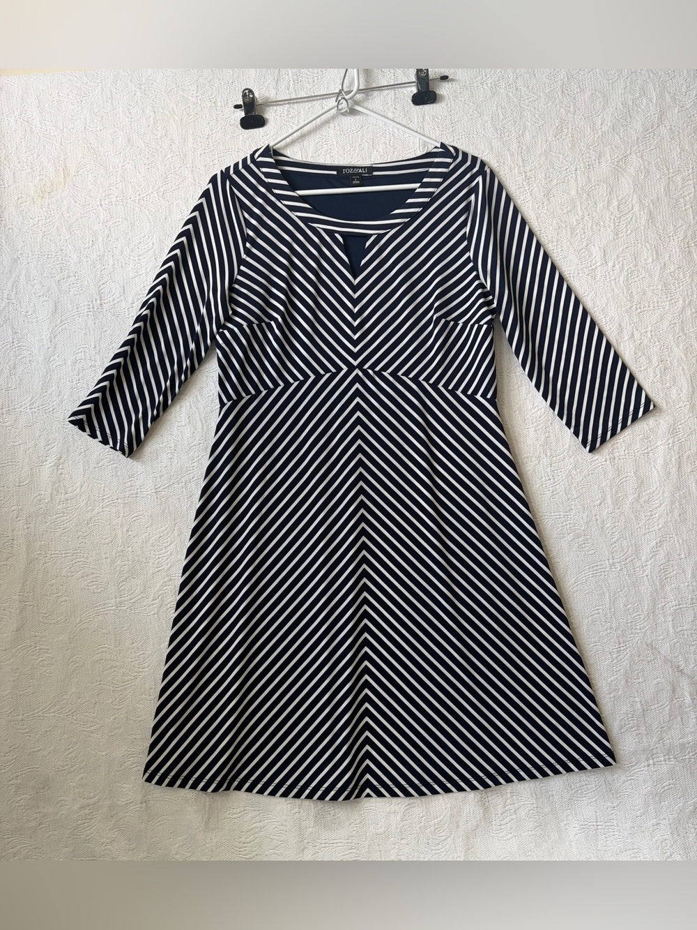 Roz & Ali Navy and White V-Notch Striped A-Line Dress